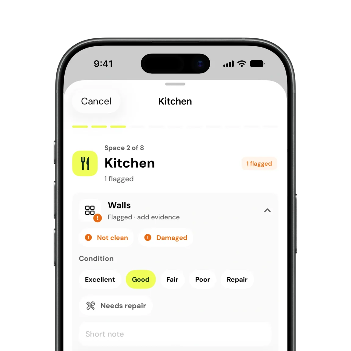 A Girilang inspection on iPhone, showing the kitchen space with its walls flagged and a condition rating chosen