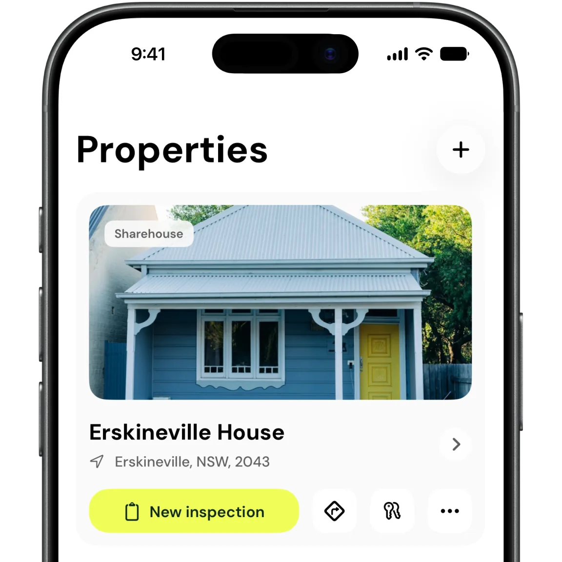 The Girilang Properties screen on iPhone, with a sharehouse card, its address and a new inspection action