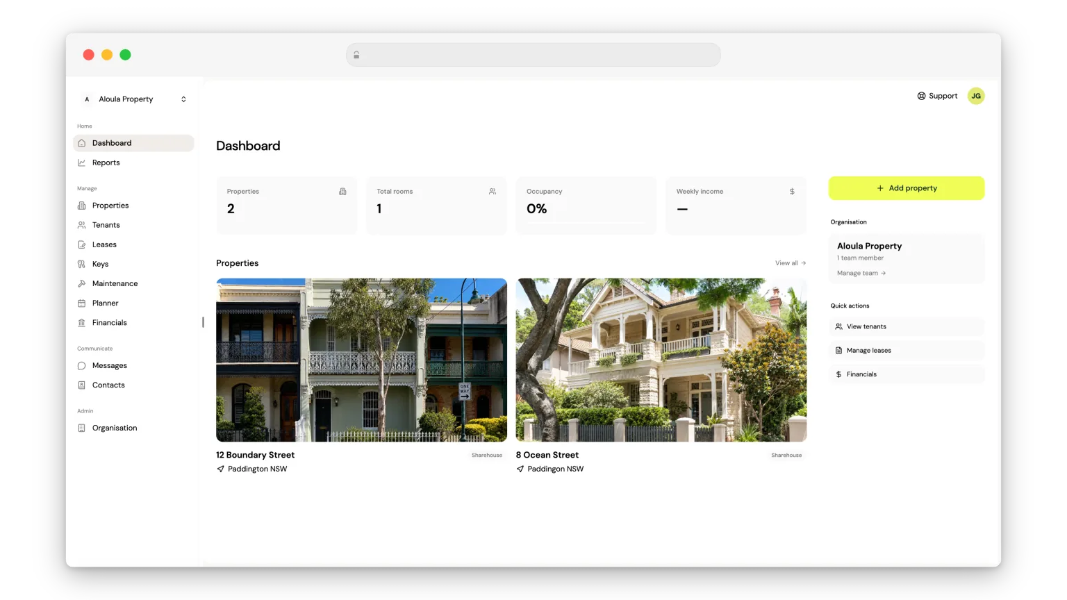 The Girilang dashboard, showing portfolio totals, occupancy and weekly income above a grid of property cards