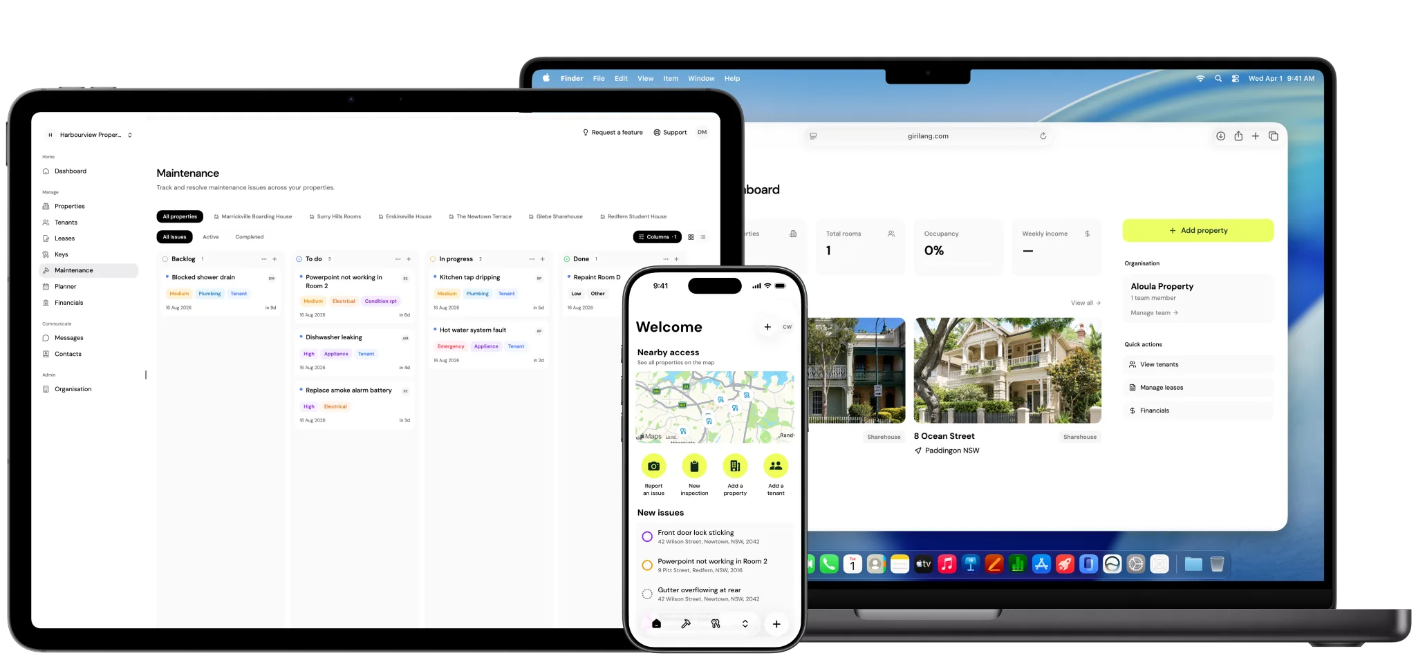 Girilang running across iPhone, iPad and Mac, showing mobile tasks, maintenance tracking and the property dashboard